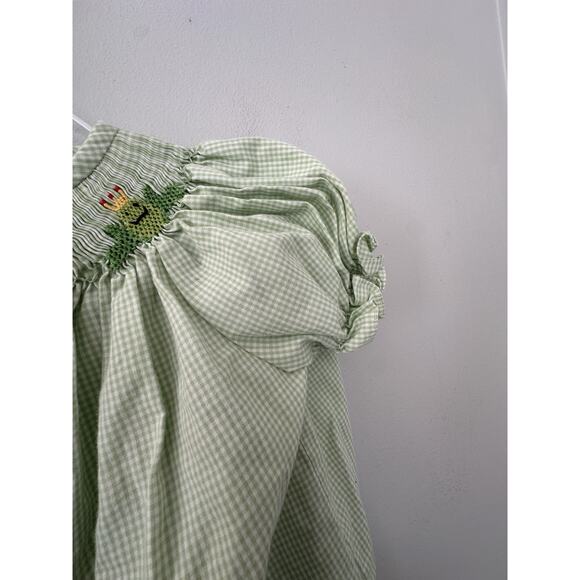 Silly Goose Girls Hand Smocked Frog Princess Green White Gingham Plaid Dress 18 - Picture 3 of 6